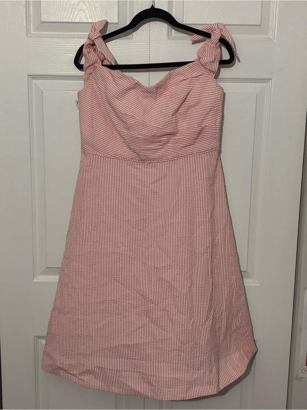J. Crew Pink and White Seersucker Tie-Shoulder Midi Dress